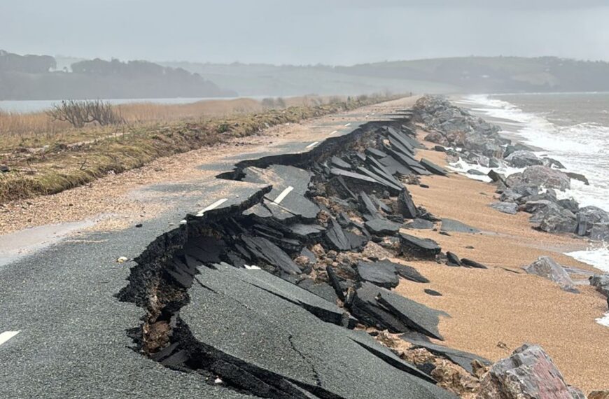 Coastal road swept away into the sea in Devon